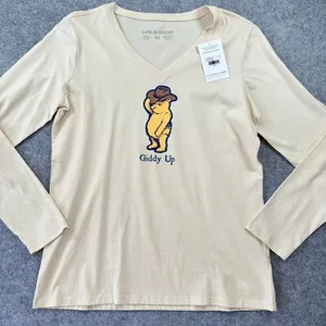 Life is Good Giddy Up Winnie the Pooh‎ Bear V-Neck Long Sleeve Shirt Cream NEW thumbnail 2