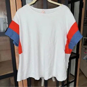 Anthropologie Hailey & Co oversized tee knit patchwork statement sleeves cobalt cap top thumbnail 1