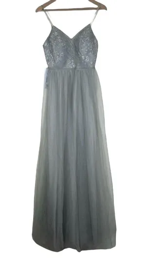 NWT Azazie Layla Gown Womens 6 Silver Tulle Lace Maxi Wedding Guest Bridesmaid thumbnail 1