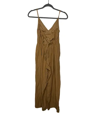 ✨🤎 Japna Brown Linen Blend Wide Leg‎ Jumpsuit Size Small Boho Tie Back 🤎✨ thumbnail 4
