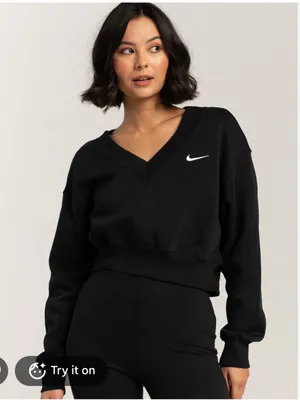 Nike Black V-Neck Cropped Sweatshirt with White Swoosh size medium. thumbnail 2