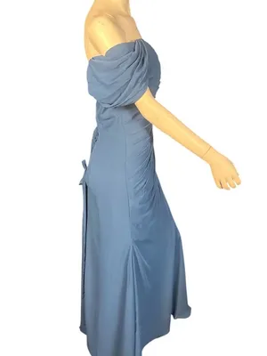 Ryanth Asymmetrical Off Shoulder Ruched Bodice Chiffon Evening Gown Blue 12 NWT thumbnail 6