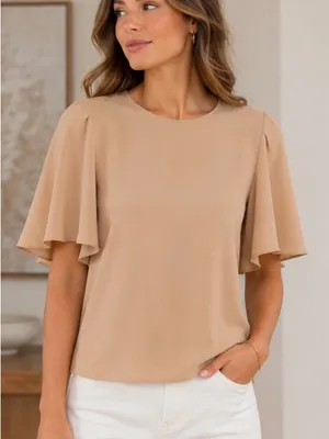 Zara Elegant Women’s Flutter Sleeve Top in Beige size medium thumbnail 1