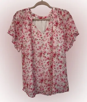 Pink Floral Short Sleeved V Neck Blouse Size L thumbnail 1
