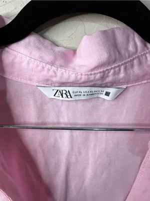 Zara Linen Blend Pink Oversized Cropped Button Down Travel Vacation Preppy Shirt thumbnail 3