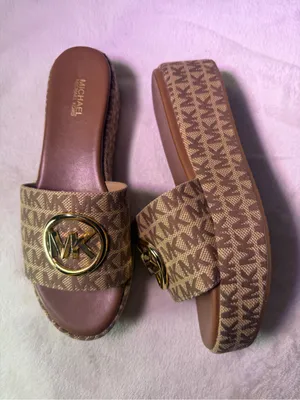 MICHAEL Michael Kors Brown Monogram Platform Slide Sandals with Gold Logo thumbnail 6