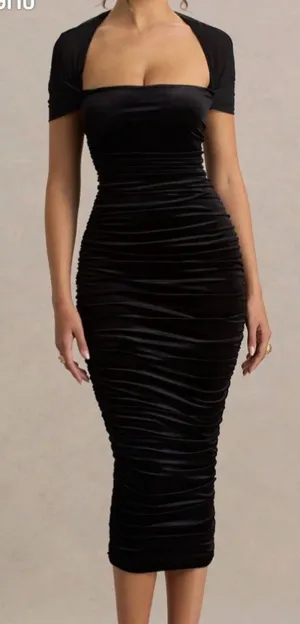 Club L London Seductress Square Neck velvet Ruched Midi Dress Black Sz 10 sexy thumbnail 1