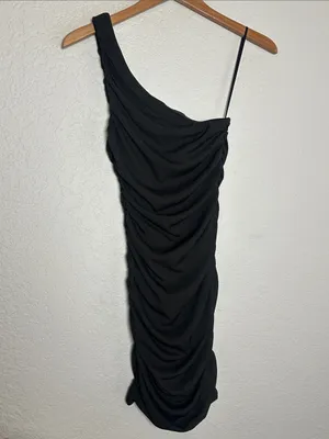 Hello Molly Black One Shoulder Mini Dress Ruched Date Night Sexy Viral Vlogger thumbnail 2