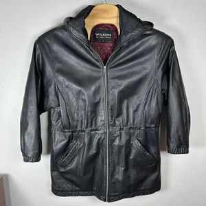 Wilsons‎ Leather Black Long Full-Zip Hooded Jacket Womens Size Large Cinch Waist thumbnail 1