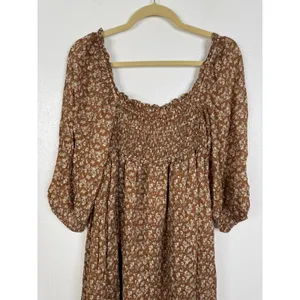 OPT Brown Floral Smocked Cotton Midi Dress Long Puff Sleeve Square Neck Pockets thumbnail 3