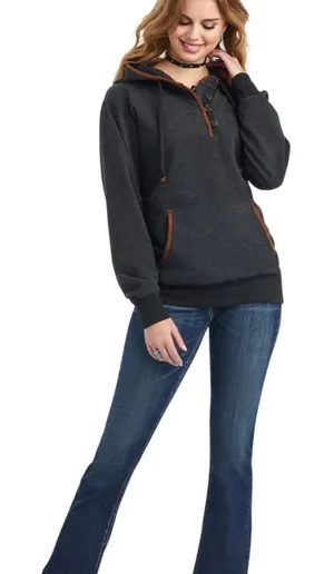 Ariat Re-AL Womens XL Charcoal elevated Henley Hoodie Faux Suede Trim Pullover thumbnail 1