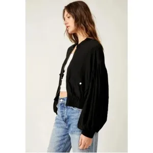 FREE PEOPLE On Pointe Bomber Jacket Lightweight Puff Balloon Sleeve Black thumbnail 4