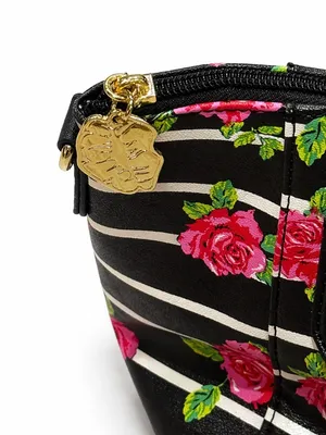 Betsey Johnson Floral Stripe Satchel Black Pink Rose Mini Handbag Y2K thumbnail 4