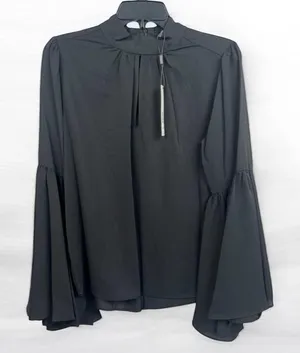 T Tahari Blouse Womens Size M Black Mock Neck Keyhole Large Bell Sleeve Chic thumbnail 1