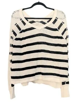We The Free Free People Striped Crochet Sleeve V-Neck, Size Small thumbnail 1