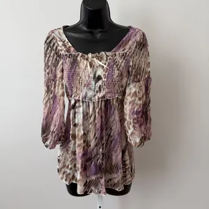 Y2K sz M Purple Animal Print Sheer Cottage‎ Smocked Peasant Babydoll Top Boho thumbnail 2