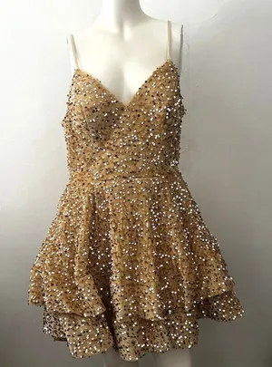 Gold Sequin Fairy Prom Dress 8 Whimsical Dreamy Romantic Ethereal Tiered Formal thumbnail 1