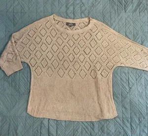 Marled Cream Openwork Diamond Knit Crewneck Sweater thumbnail 1