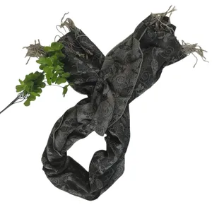 Women's Black Beige Floral Pashmina Scarf Viscose Acrylic Elegant Fringe Wrap thumbnail 2