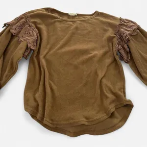 Entro fleece eyelet lace ruffle romantic cozy neutral brown top sz Small boho thumbnail 6