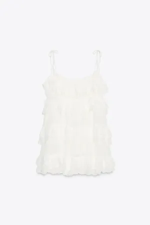 Zara White Ruffled Tie-Shoulder Bohemian Lace Trim Mini Dress thumbnail 12