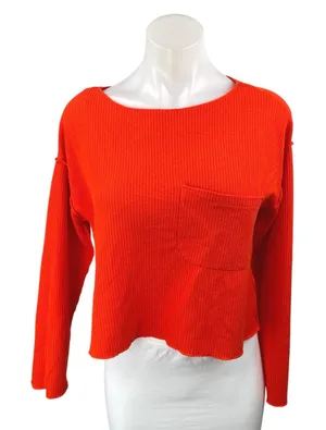 Anthropologie Orange Waffle Knit Long Sleeve Pocket Crop Sweater Top Size XS thumbnail 1