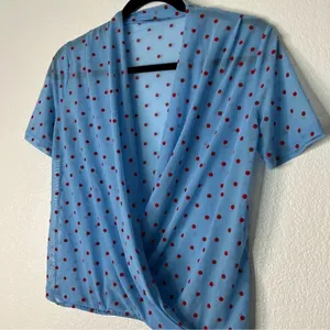 ZARA TRAFALUC baby blue red polka dot semi sheer mesh retro top S B18‎ thumbnail 5