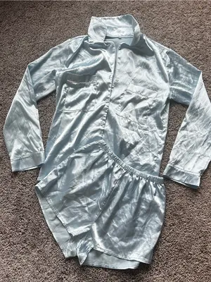 Light Blue Satin Pajama Set - Two Piece Top & Shorts thumbnail 1