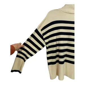 Zara Womens Medium Striped Turtleneck Sweater Cream Navy Long Sleeve Chunky Knit thumbnail 9
