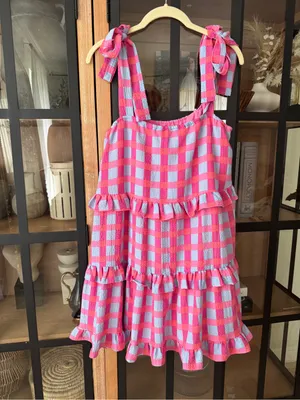 Buddy love gingham ruffle tiered mini dress bows babydoll periwinkle tie straps thumbnail 6
