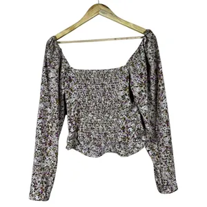 ASTR The Label Ruched Ditsy Floral Blouse Purple Tan Romantic Smocked Size M thumbnail 5