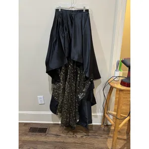High Low Black Satin Skirt Celestial Tulle Lining Train Size Small Witchy Goth thumbnail 2
