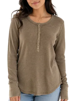 Aerie Brown Ribbed Henley Long Sleeve Layering Top Size Medium thumbnail 1