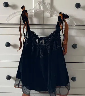 Free People Women’s Black Velvet Lace Trim Babydoll Orange Ribbon Straps - Small thumbnail 1