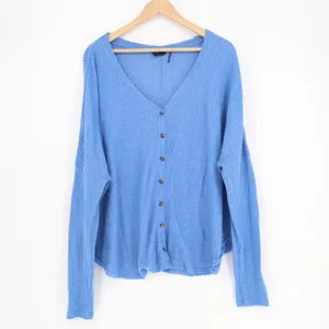 Out From Under Cardigan Sweater Womens L Blue Stretch Waffle Knit Drop Shoulder thumbnail 2