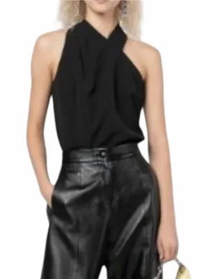 Milly Preston Cady Halter Top Black Asymmetrical Neck Sleeveless Top SMALL thumbnail 2