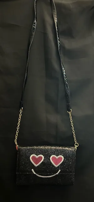 Betsey Johnson Black Glitter Heart-Eyes Crossbody Bag Striped Inside thumbnail 1