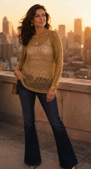 Lauren Ralph Lauren‎ Gold Metallic Pointelle Knit Crochet Sweater Top Womens M thumbnail 1