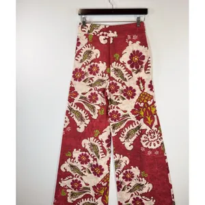 ZARA Womens Pants Red Floral Wide Leg Linen Blend Pleated Trouser Boho Small thumbnail 10