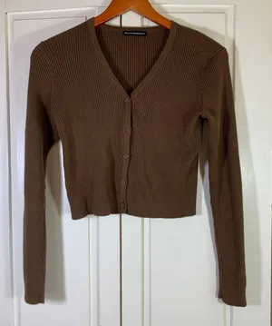 Brandy Melville Brown Shannon Ribbed V-Neck Button Cropped Cardigan Sweater thumbnail 1