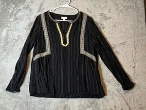 J Jill Sz Medium Embellished Crinkle‎ Peasant Split V-Neck Blouse Boho Black Tan thumbnail 1
