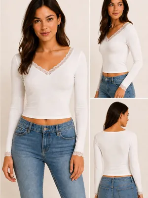 CUPSHE White Lace Trim Long Sleeve Top Size S NWT Romantic Coquette Y2K thumbnail 2