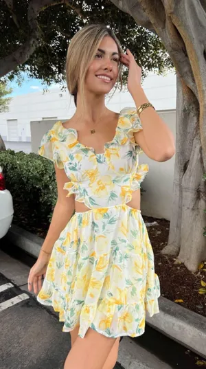 NWT Yellow Floral Print Flutter Sleeve Ruffle Cutout White Dress thumbnail 1