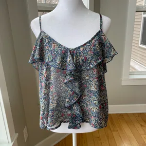 Vintage Y2K About A Girl Y2K Sheer Navy Floral Crop Ruffle Cami Tank Top Medium thumbnail 8