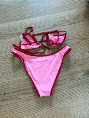 Frankie's Bikinis Pink with Red Trim Triangle Bikini Set thumbnail 4