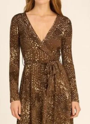 CAbi Brown White Dotted Long Sleeve Knit Belted Midi Dress Size Small thumbnail 1