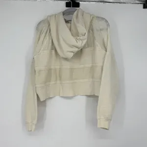 Free People‎ XS Cream Eyelet Mixed Media Cropped Oversized Hoodie Sweatshirt thumbnail 2