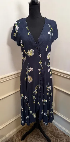 Free People Lost In You Floral Midi Dress Navy Blue High-Low Boho Button Front thumbnail 1