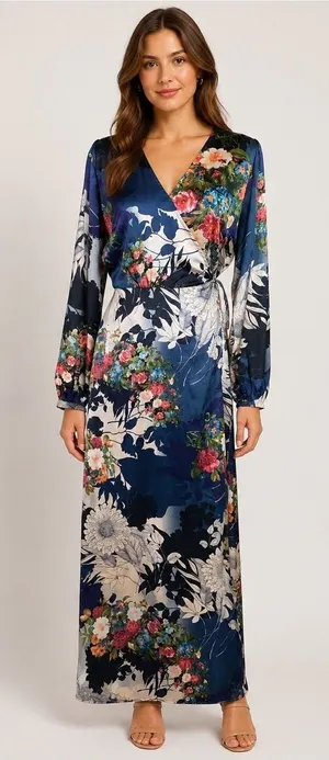 Lulus Navy Floral Long Sleeve Wrap Maxi Dress Romantic Wedding Guest L thumbnail 1