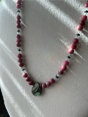 Handcrafted Rhodonite + Labradorite Beaded Necklace with Abalone Shell Pendant thumbnail 2